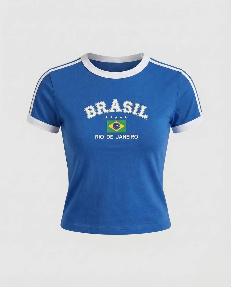 Damen Sportliche Brasil-Print Baumwoll Kurzshirt
