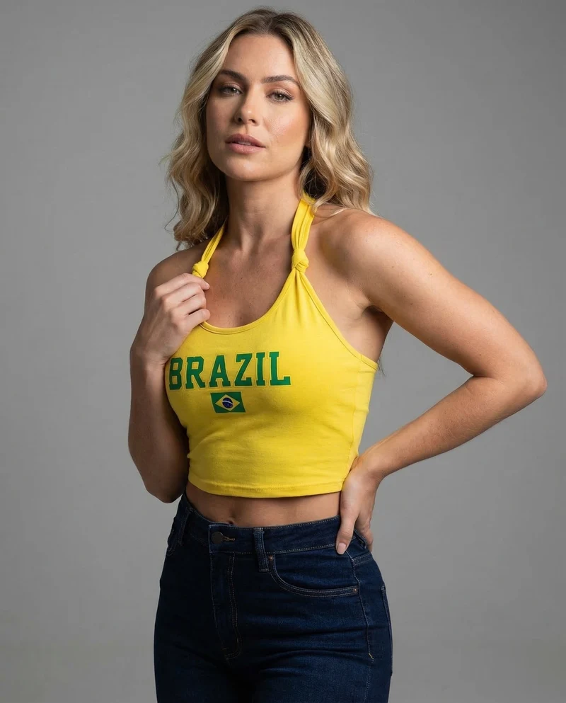 Damen Neckholder-Crop-Top Wappenprint