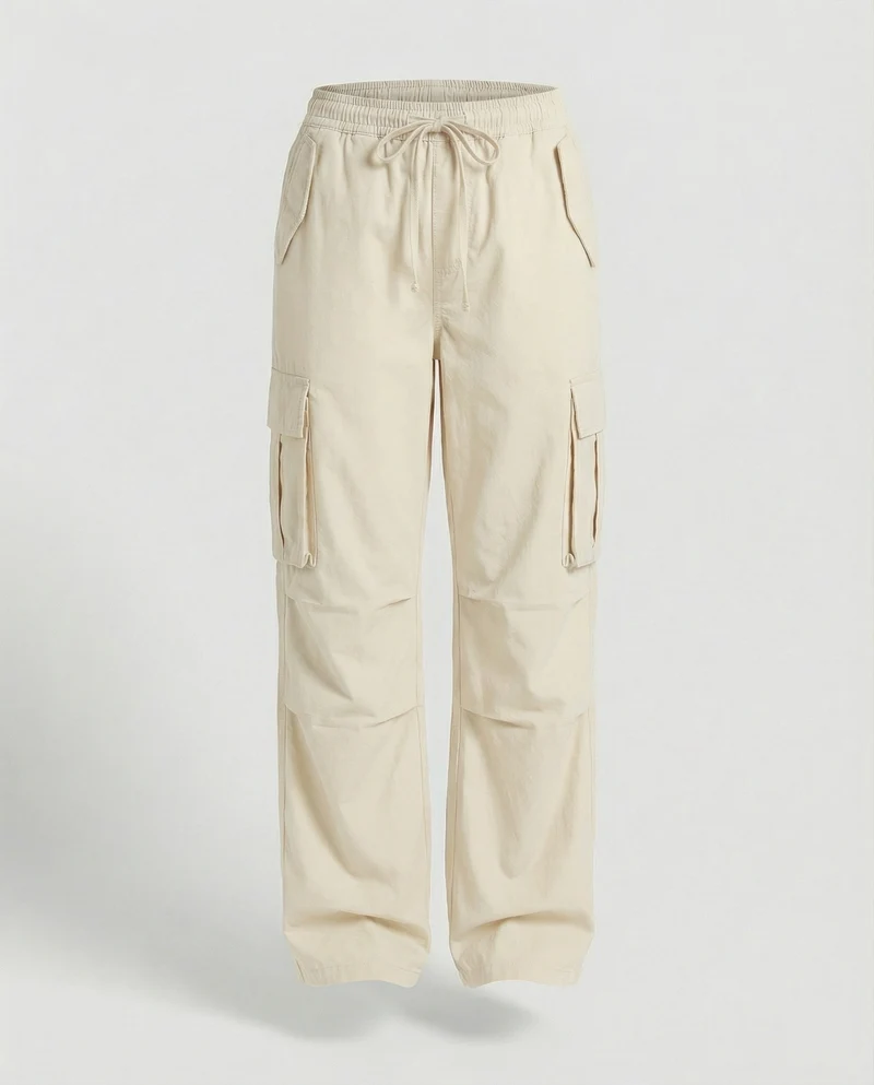 Damen weite Cargo-Hose im Retro-Utility-Stil mit hochgeschnittenem Bund Tunnelzug Mehrfachklappentaschen und verstellbaren Seitenschlaufen