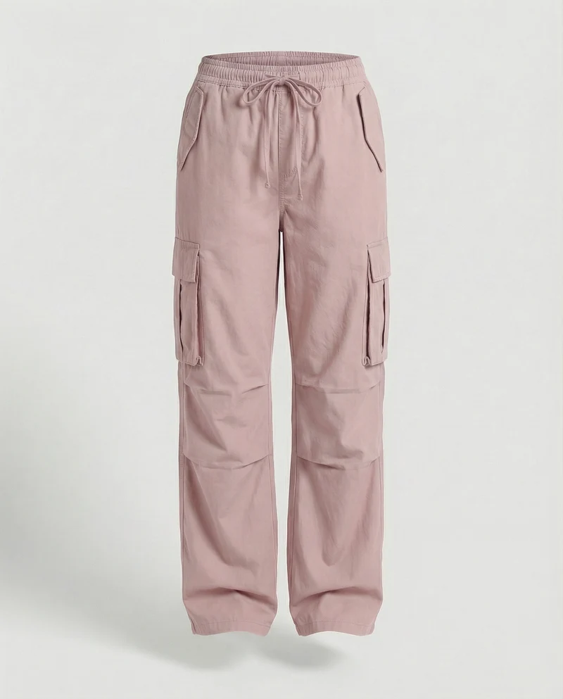 Damen weite Cargo-Hose im Retro-Utility-Stil mit hochgeschnittenem Bund Tunnelzug Mehrfachklappentaschen und verstellbaren Seitenschlaufen