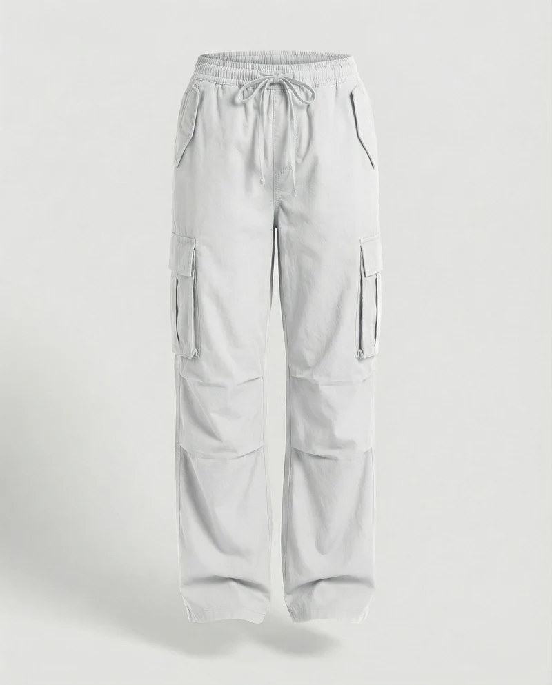 Damen weite Cargo-Hose im Retro-Utility-Stil mit hochgeschnittenem Bund Tunnelzug Mehrfachklappentaschen und verstellbaren Seitenschlaufen