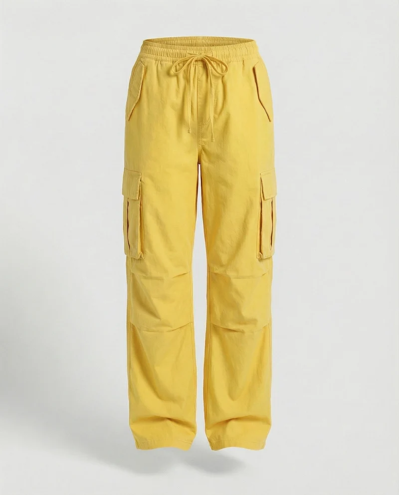 Damen weite Cargo-Hose im Retro-Utility-Stil mit hochgeschnittenem Bund Tunnelzug Mehrfachklappentaschen und verstellbaren Seitenschlaufen