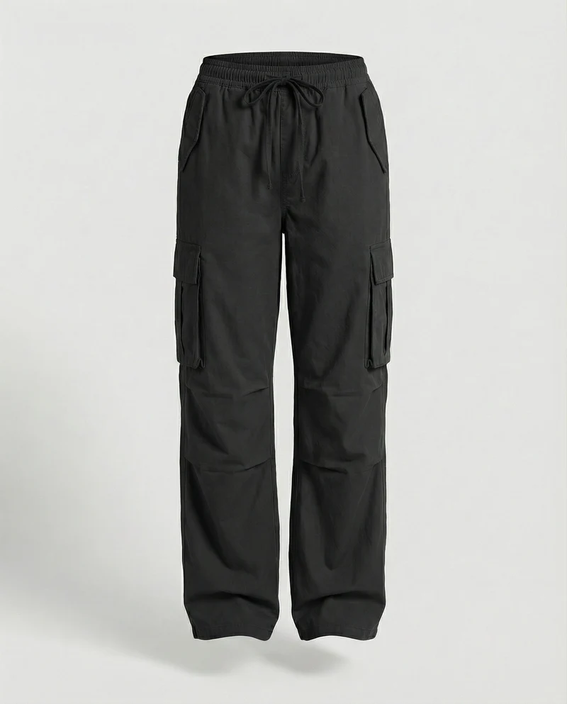Damen weite Cargo-Hose im Retro-Utility-Stil mit hochgeschnittenem Bund Tunnelzug Mehrfachklappentaschen und verstellbaren Seitenschlaufen