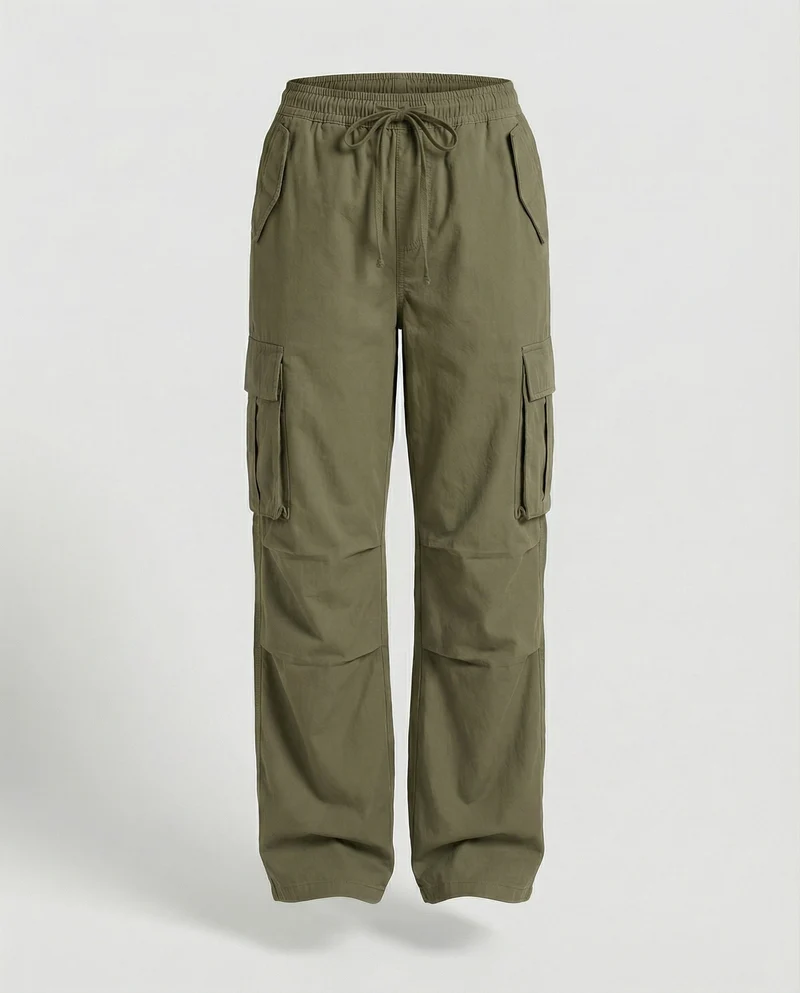 Damen weite Cargo-Hose im Retro-Utility-Stil mit hochgeschnittenem Bund Tunnelzug Mehrfachklappentaschen und verstellbaren Seitenschlaufen
