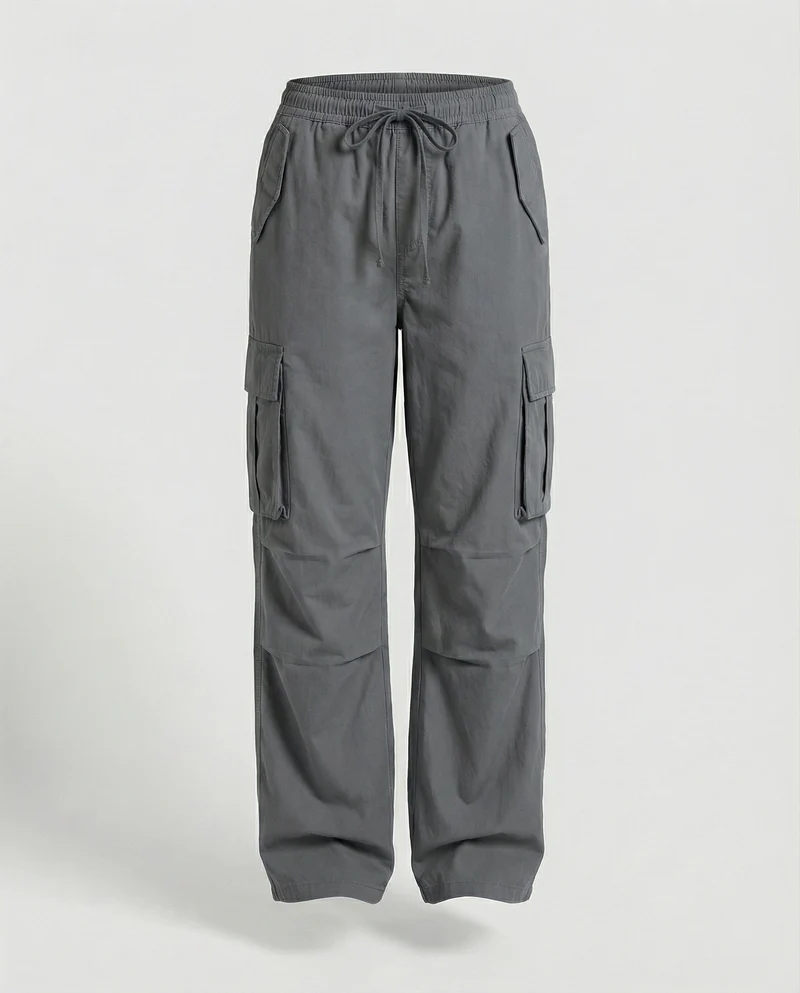 Damen weite Cargo-Hose im Retro-Utility-Stil mit hochgeschnittenem Bund Tunnelzug Mehrfachklappentaschen und verstellbaren Seitenschlaufen