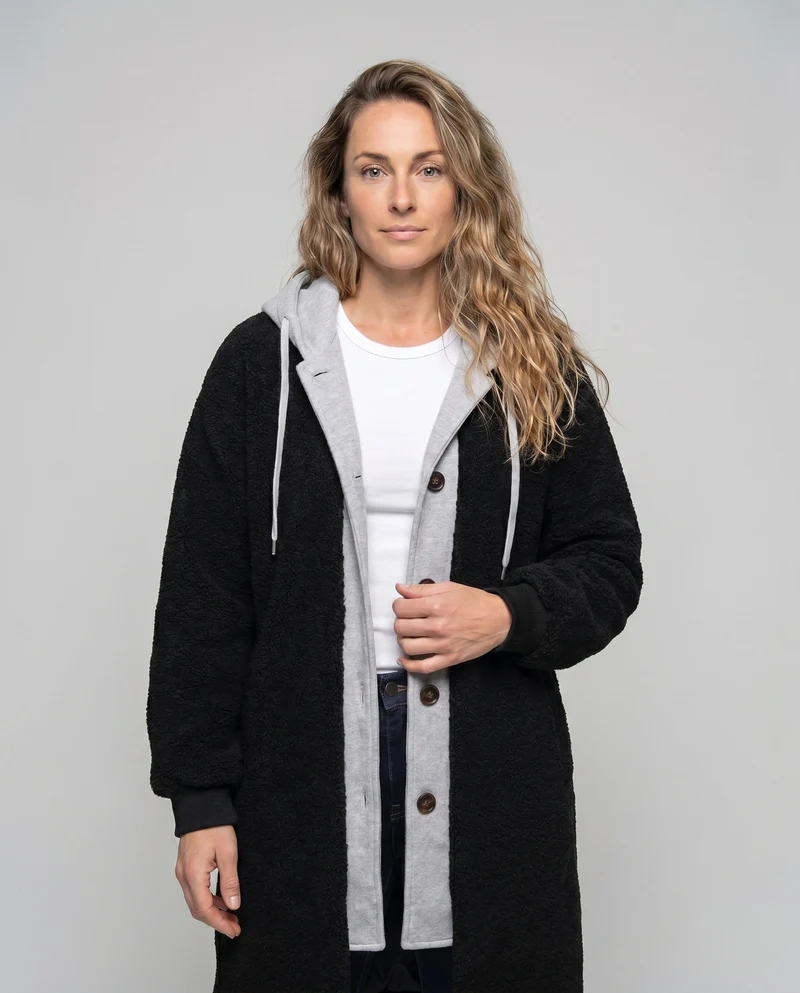 Damen Kuscheliger Oversize-Mantel mit Kapuze und seitlichen Taschen