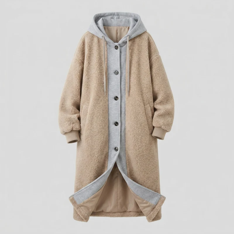 Damen Kuscheliger Oversize-Mantel mit Kapuze und seitlichen Taschen