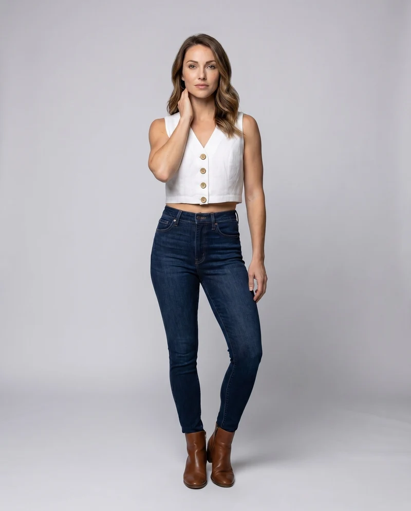Damen Cropped Leinen-Oberteil mit V-Ausschnitt und Knopfdetail
