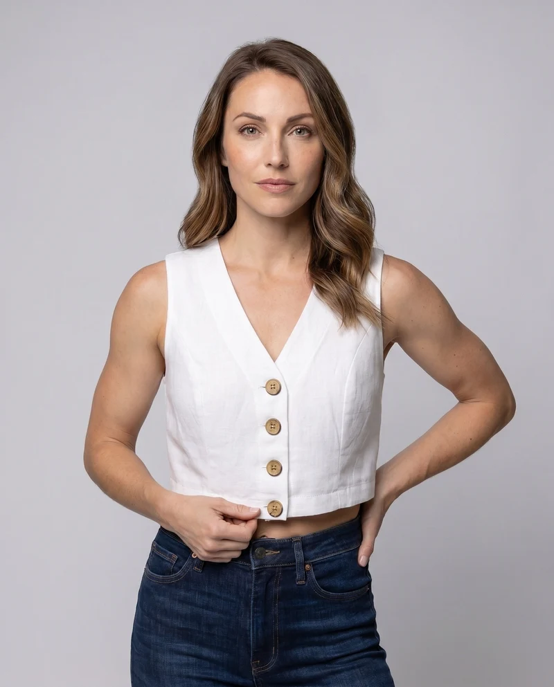Damen Cropped Leinen-Oberteil mit V-Ausschnitt und Knopfdetail