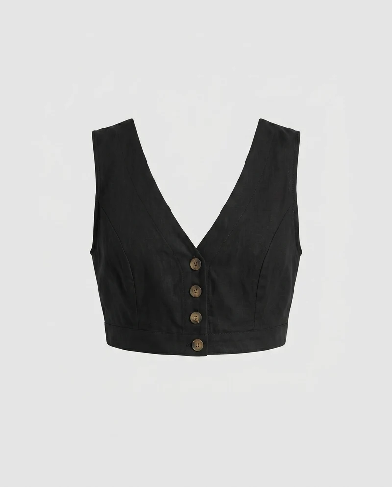 Damen Cropped Leinen-Oberteil mit V-Ausschnitt und Knopfdetail