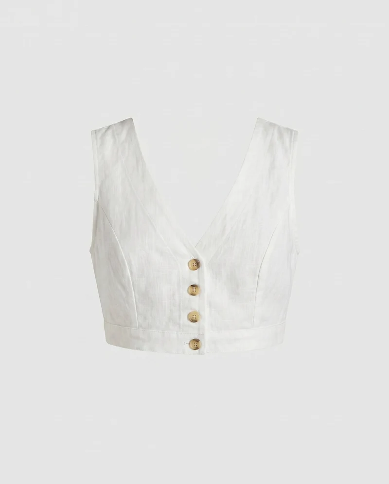 Damen Cropped Leinen-Oberteil mit V-Ausschnitt und Knopfdetail