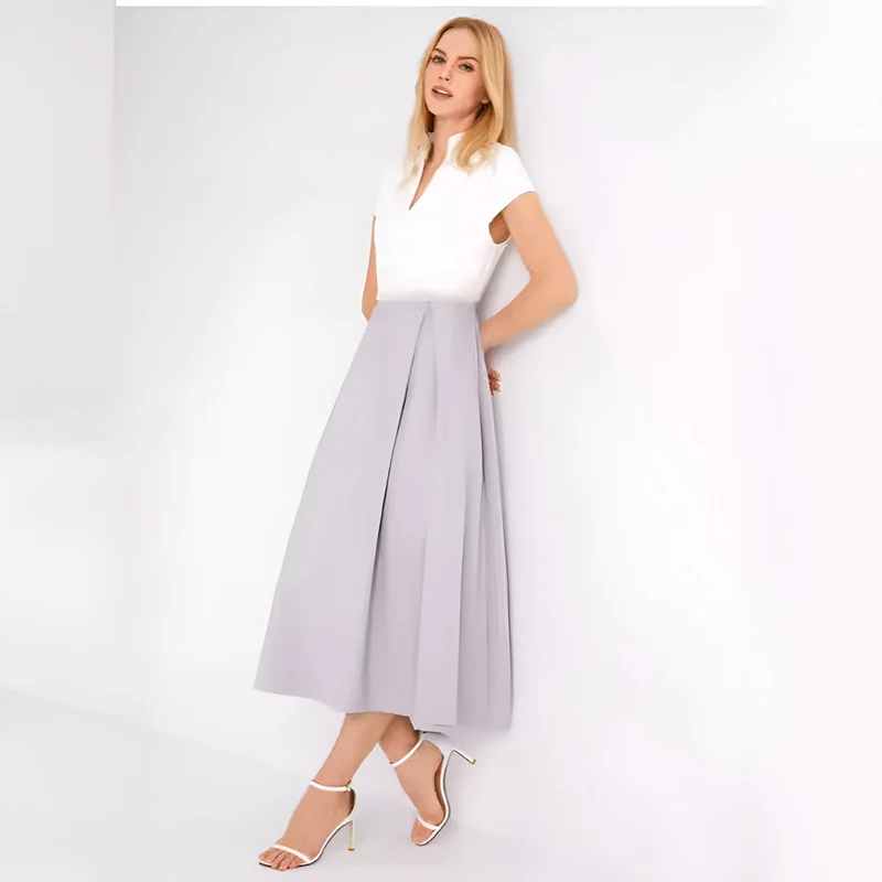 Weißes Farbblock V-Ausschnitt Ausgestellt Sommerkleid