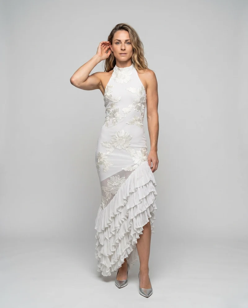 Damen Elegantes bodenlanges Kleid mit floralen Spitzenapplikationen und Rüschendetails Nord Taschen