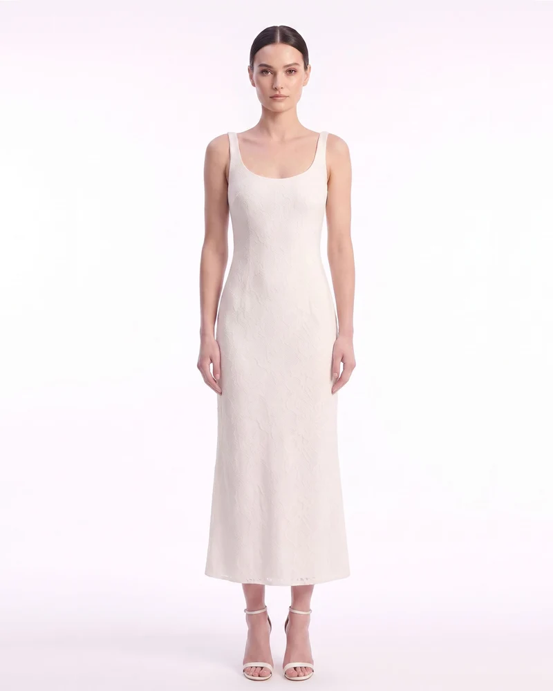 Strukturiertes Midikleid mit U-Ausschnitt – Elfenbein
