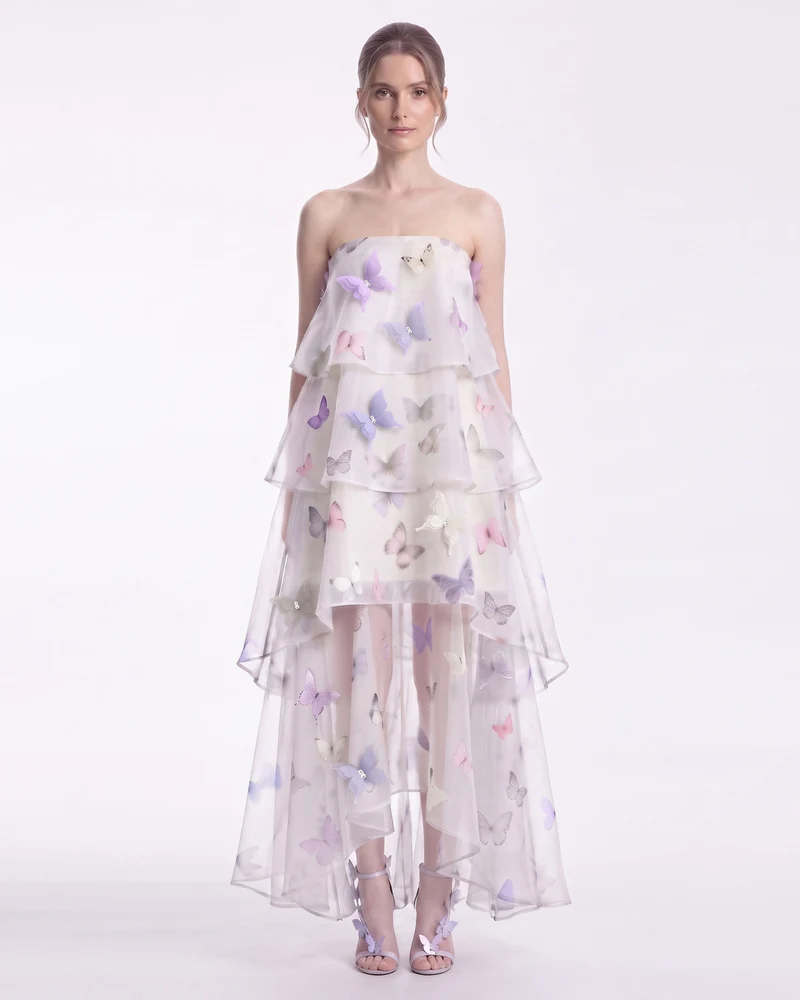 Butterfly Trägerloses gestuftes Vokuhila-Kleid mit Applikation – Elfenbein