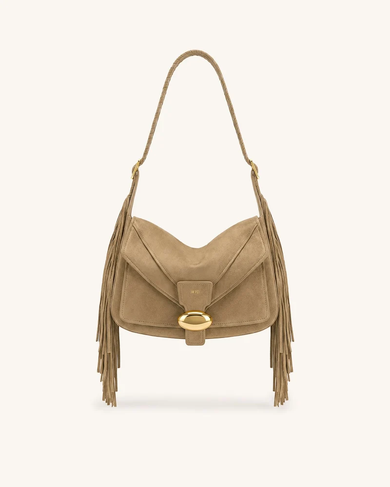 Avery Schultertasche aus Wildlederimitat mit Fransen - Khaki
