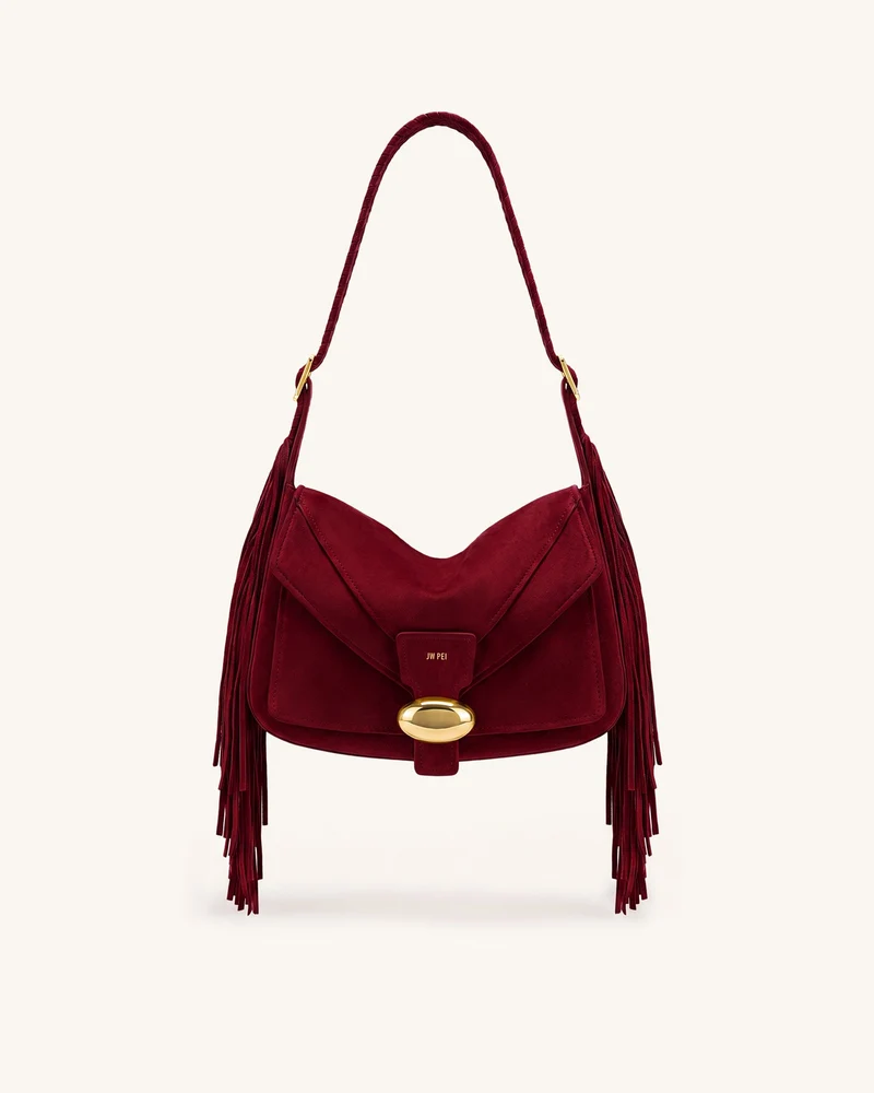 Avery Schultertasche aus Wildlederimitat mit Fransen - Burgund