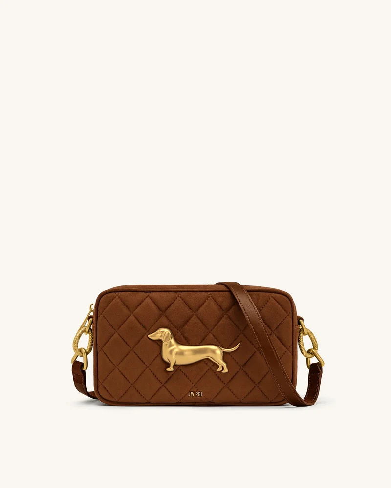 Riley Gesteppte Schultertasche aus Wildlederimitat mit Dackel-Motiv - Karamellbraun