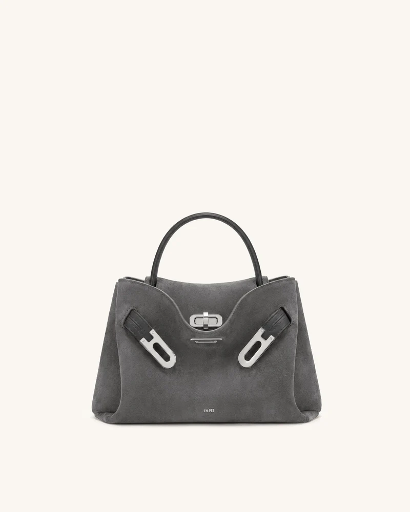 Rhea Kleine Schultertasche aus Wildlederimitat mit zwei Schnallen - Rauchgrau