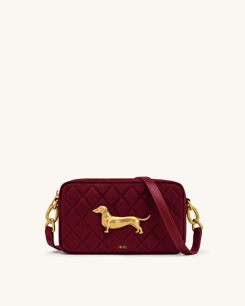 Riley Gesteppte Schultertasche aus Wildlederimitat mit Dackel-Motiv - Burgund