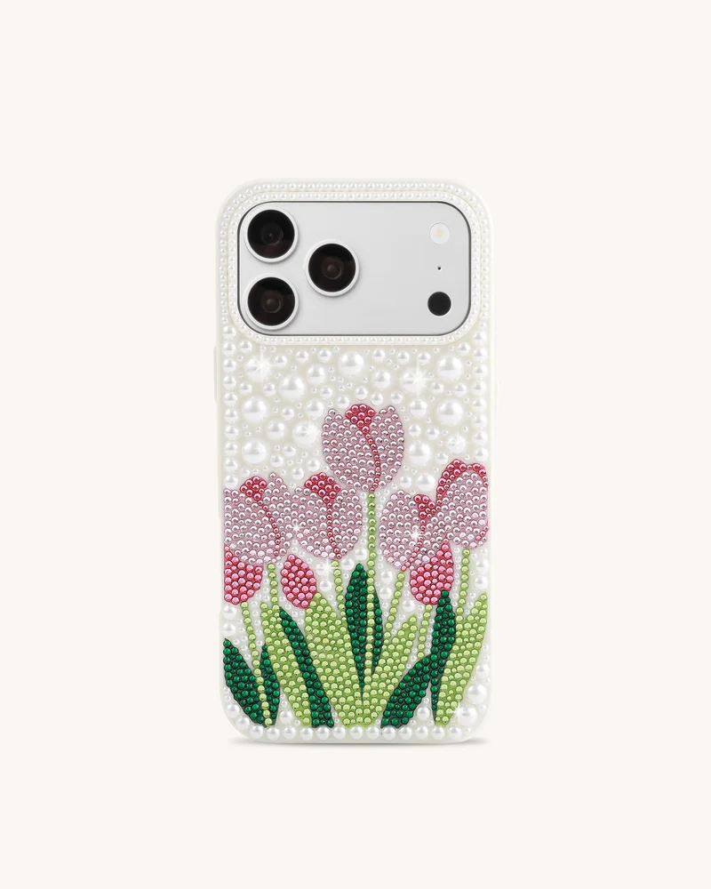 Handyhülle mit Tulpen-Kunstperlen - Weiß