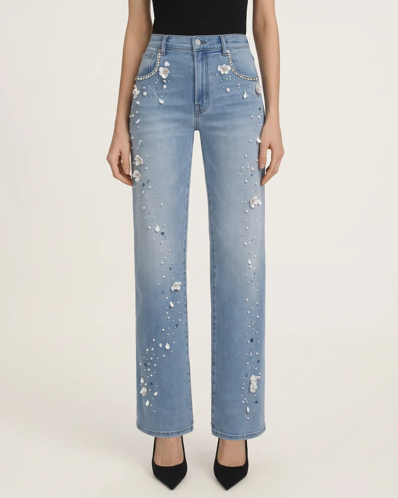 Himmlische Perlen-Blütenblatt Straight Jeans - Hellblau