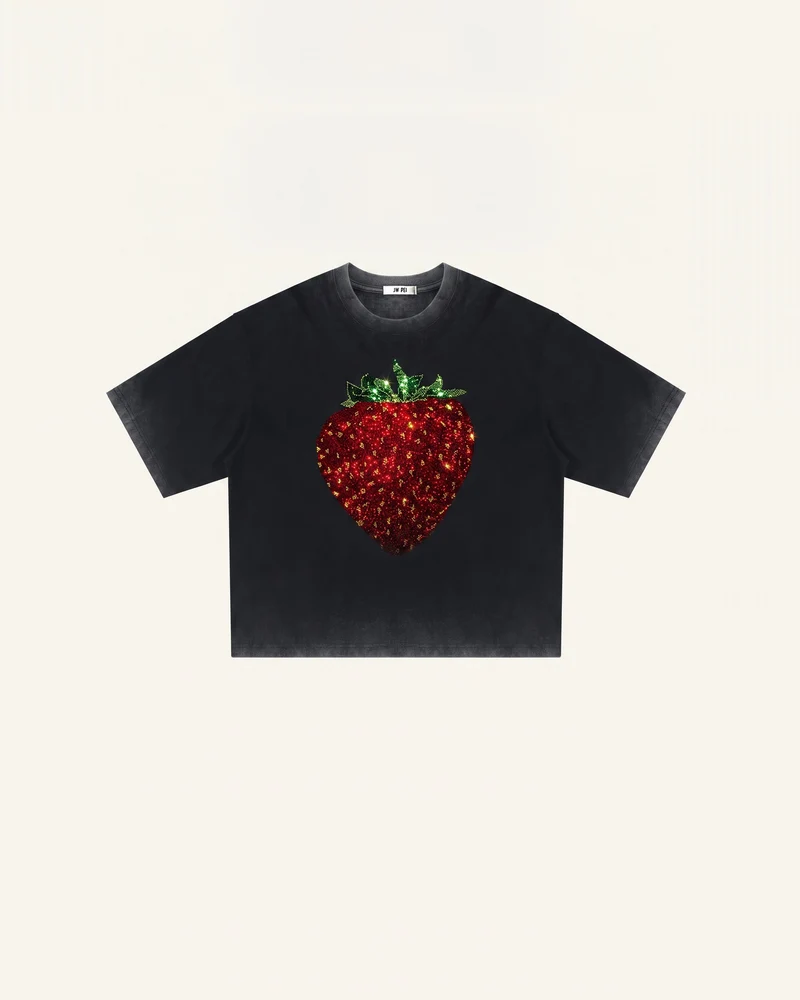 Kristall-Erdbeere Grafik-T-Shirt - Verwaschenes Schwarz