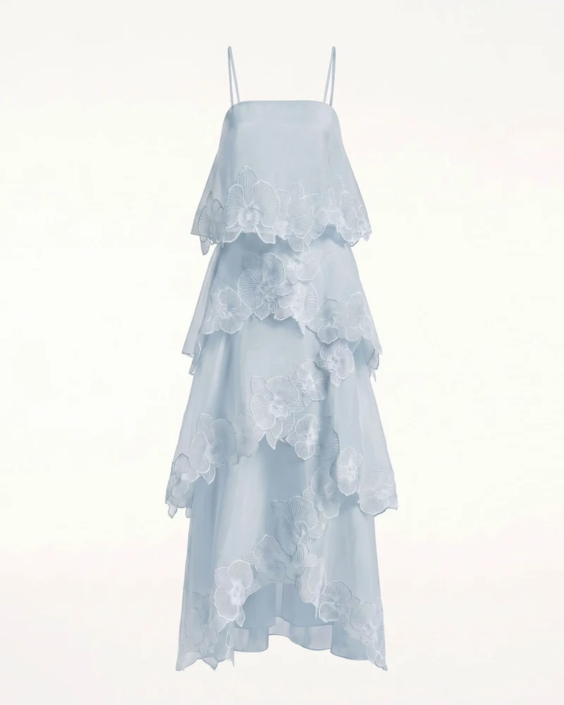 Mehrlagiges Maxikleid mit Orchideenstickerei - Hellblau