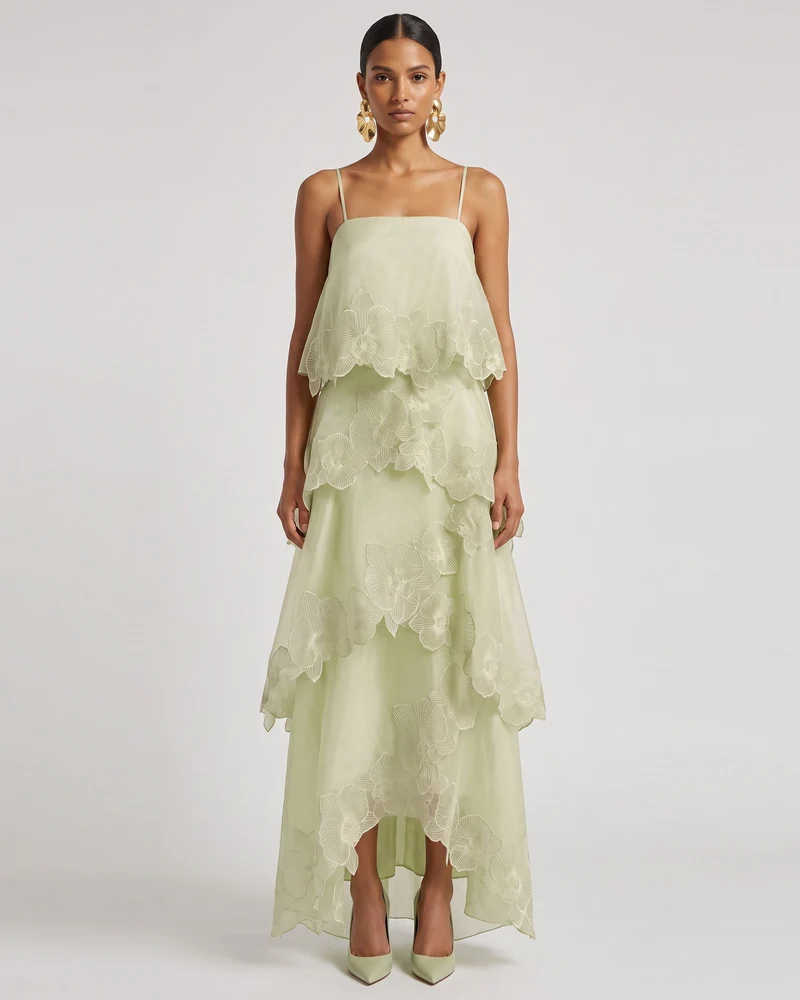 Mehrlagiges Maxikleid mit Orchideenstickerei - Hellgrün