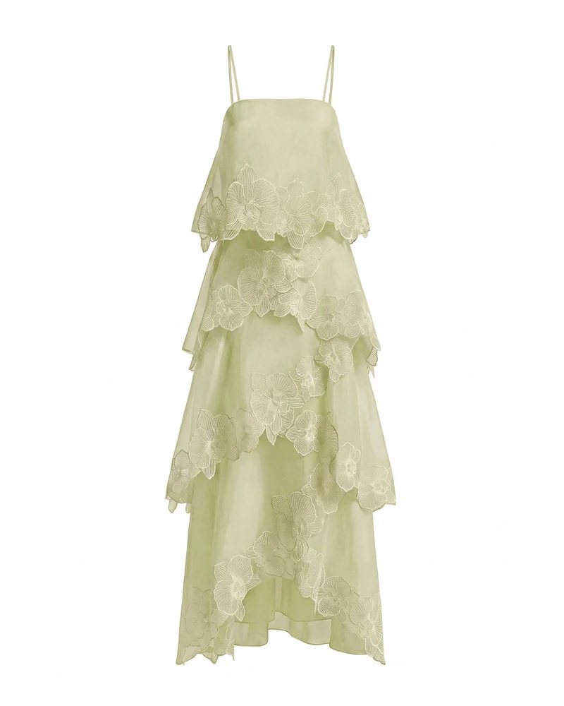 Mehrlagiges Maxikleid mit Orchideenstickerei - Hellgrün