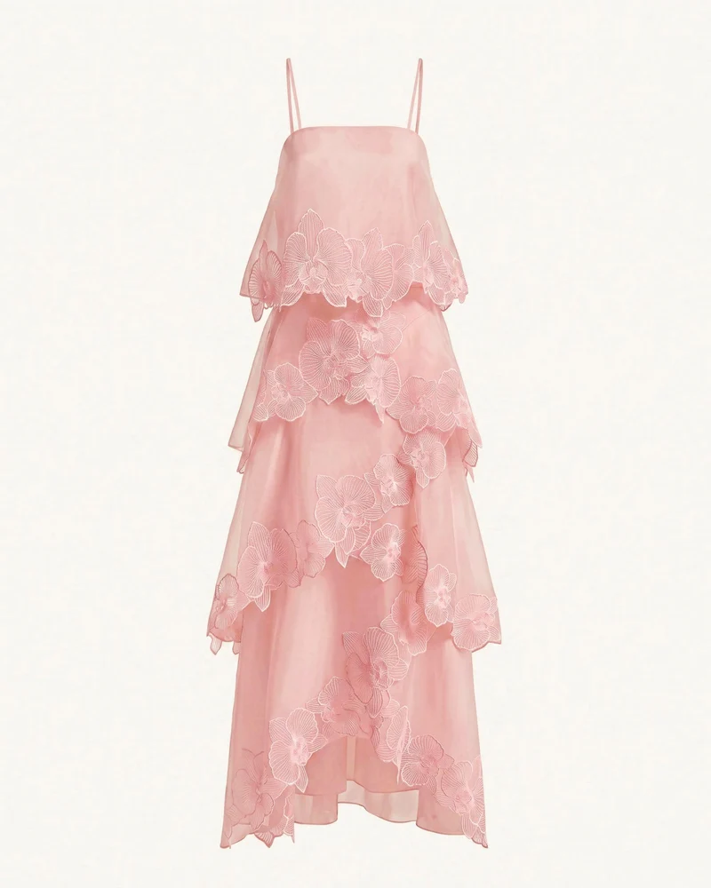 Mehrlagiges Maxikleid mit Orchideenstickerei - Puderrosa