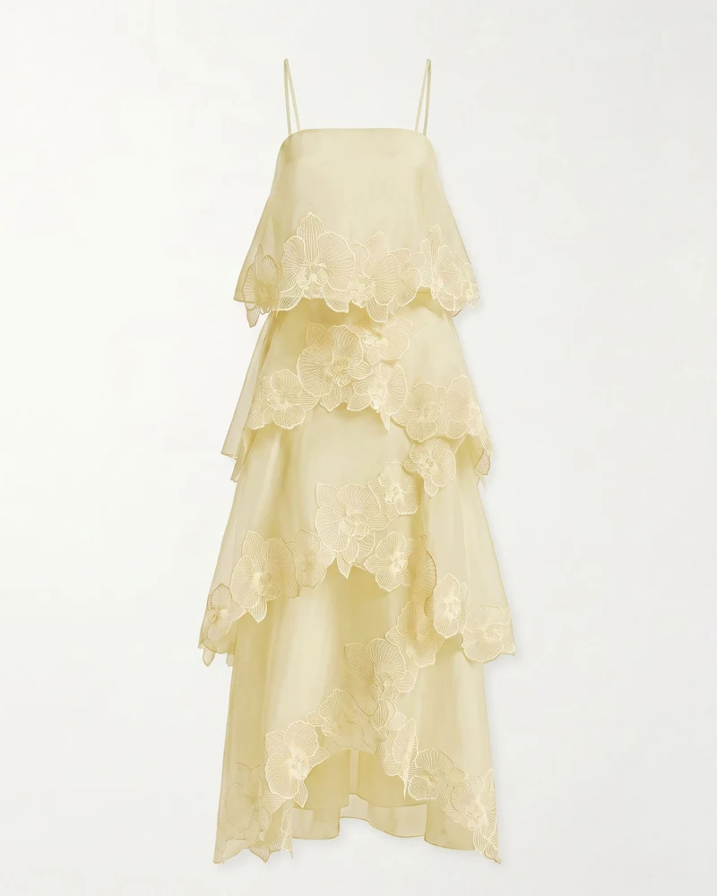 Mehrlagiges Maxikleid mit Orchideenstickerei - Hellgelb
