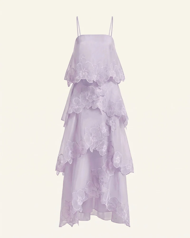 Mehrlagiges Maxikleid mit Orchideenstickerei - Helllila