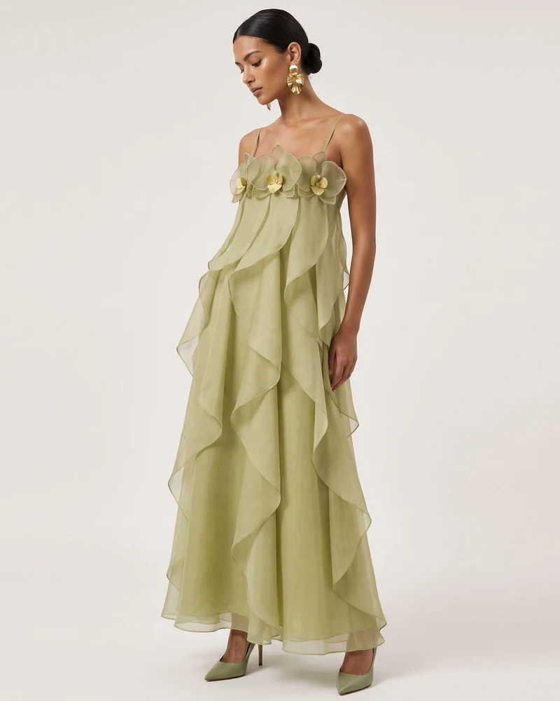 Maxikleid aus Organza mit Orchideenstickerei - Hellgrün