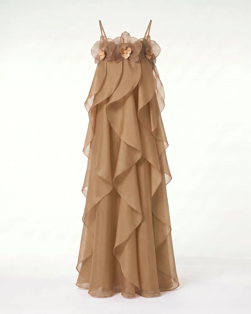 Maxikleid aus Organza mit Orchideenstickerei - Hellbraun