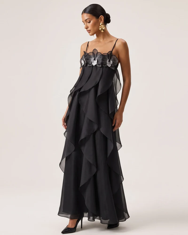Maxikleid aus Organza mit Orchideenstickerei - Schwarz