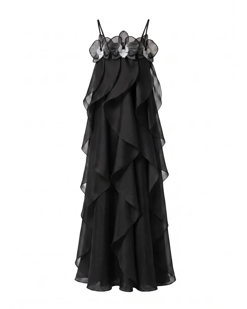 Maxikleid aus Organza mit Orchideenstickerei - Schwarz