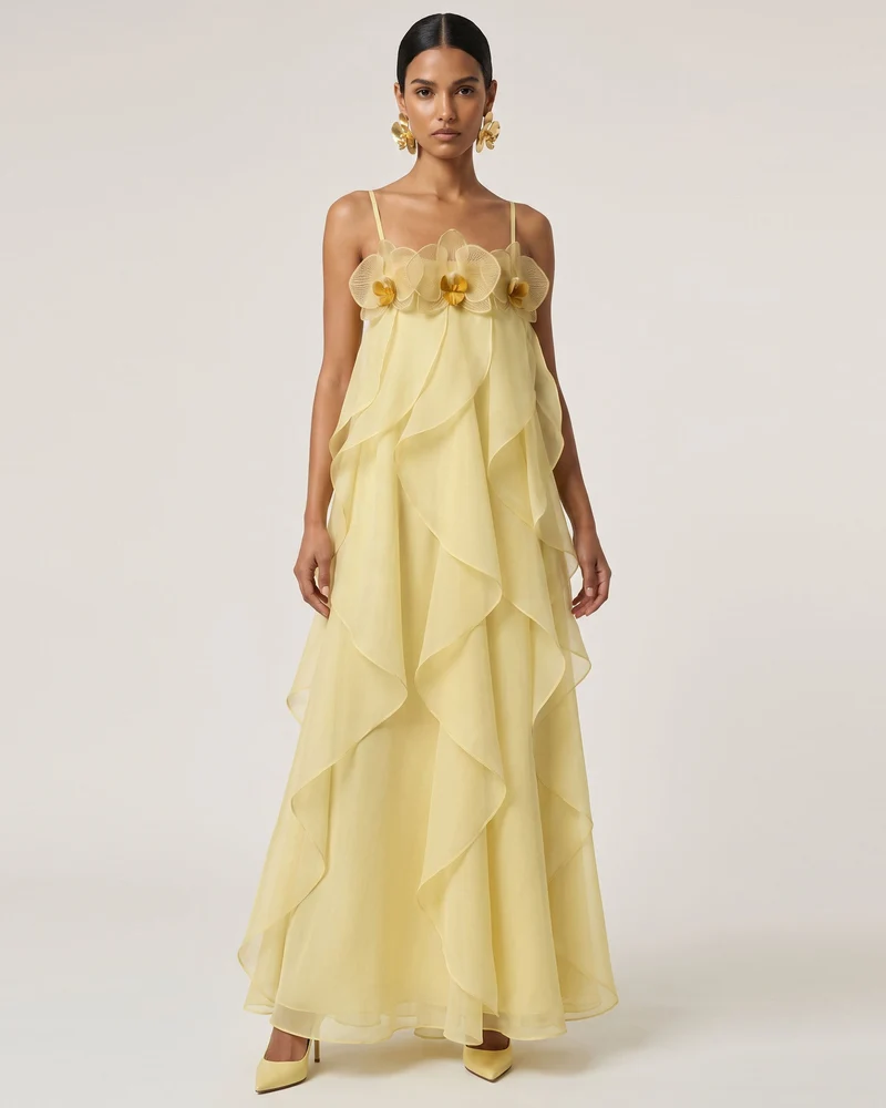 Maxikleid aus Organza mit Orchideenstickerei - Hellgelb