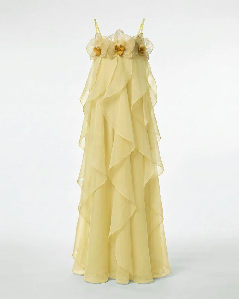 Maxikleid aus Organza mit Orchideenstickerei - Hellgelb