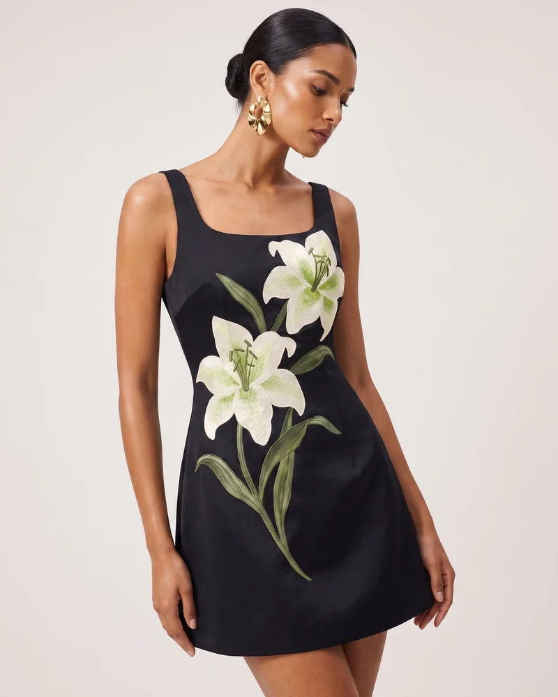 Lily Ärmelloses A-Linien-Minikleid mit Blumenmuster - Schwarz
