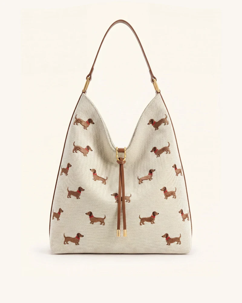 Aria Schultertasche mit Hunde-Stickerei - Karamellbraun