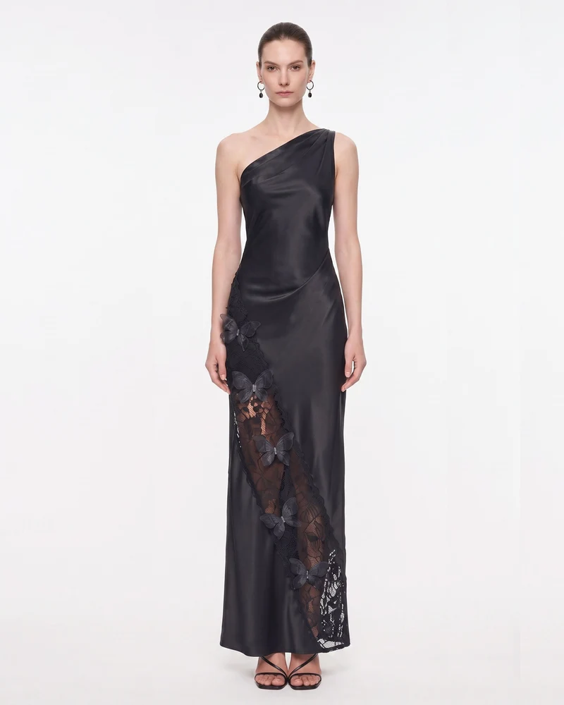 Satin-Maxikleid mit Spitzeneinsatz und One-Shoulder-Träger - Schwarz