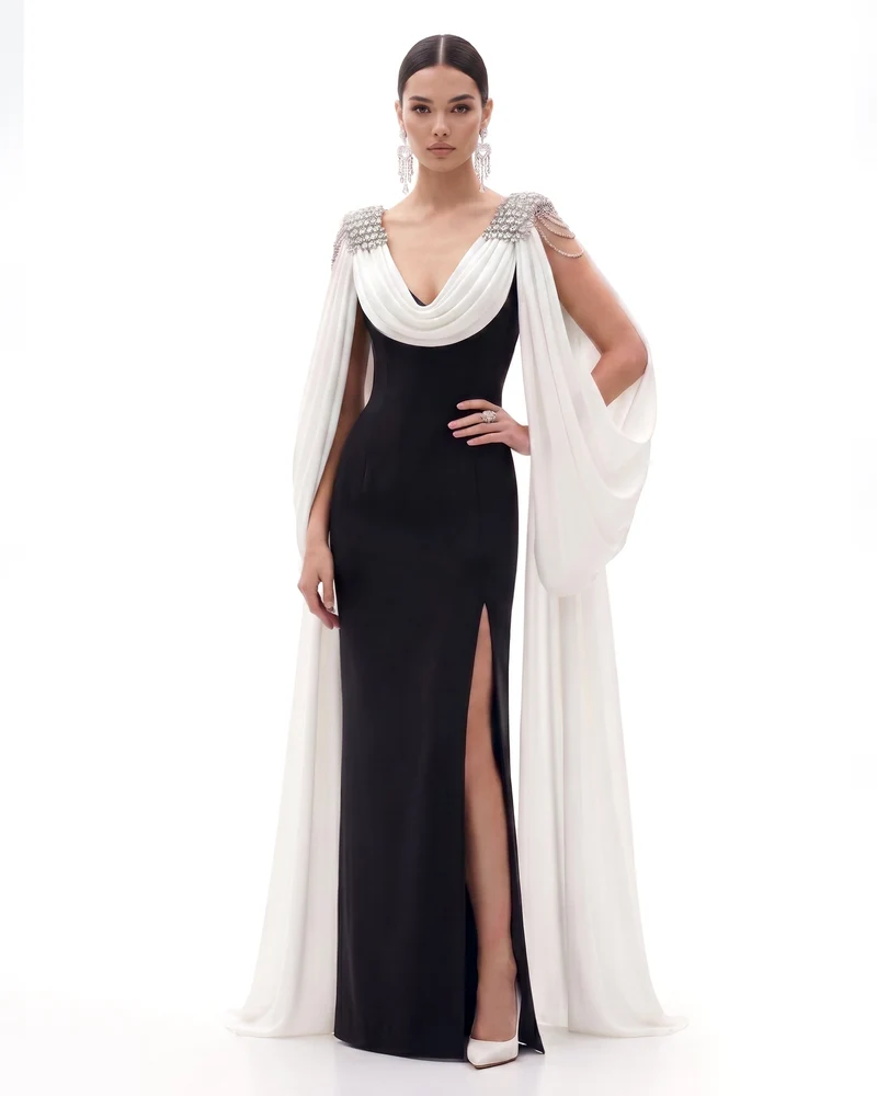 Kristall-Maxikleid mit Schulter-Cape - Schwarz & Elfenbein