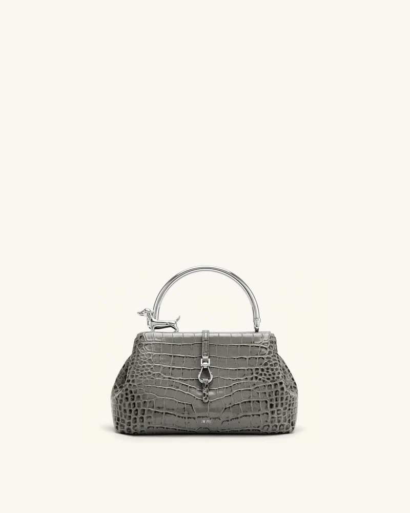 Bruna Henkeltasche mit Dackel-Metallgriff - Hellgrauer Kroko-Look