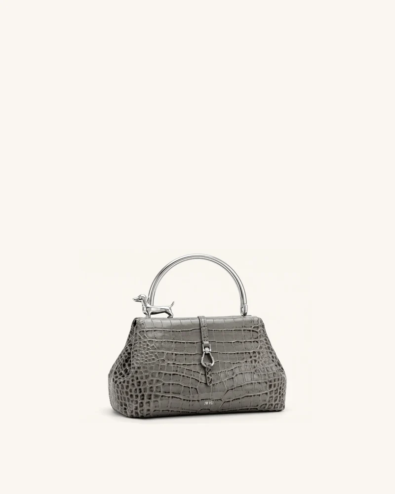 Bruna Henkeltasche mit Dackel-Metallgriff - Hellgrauer Kroko-Look