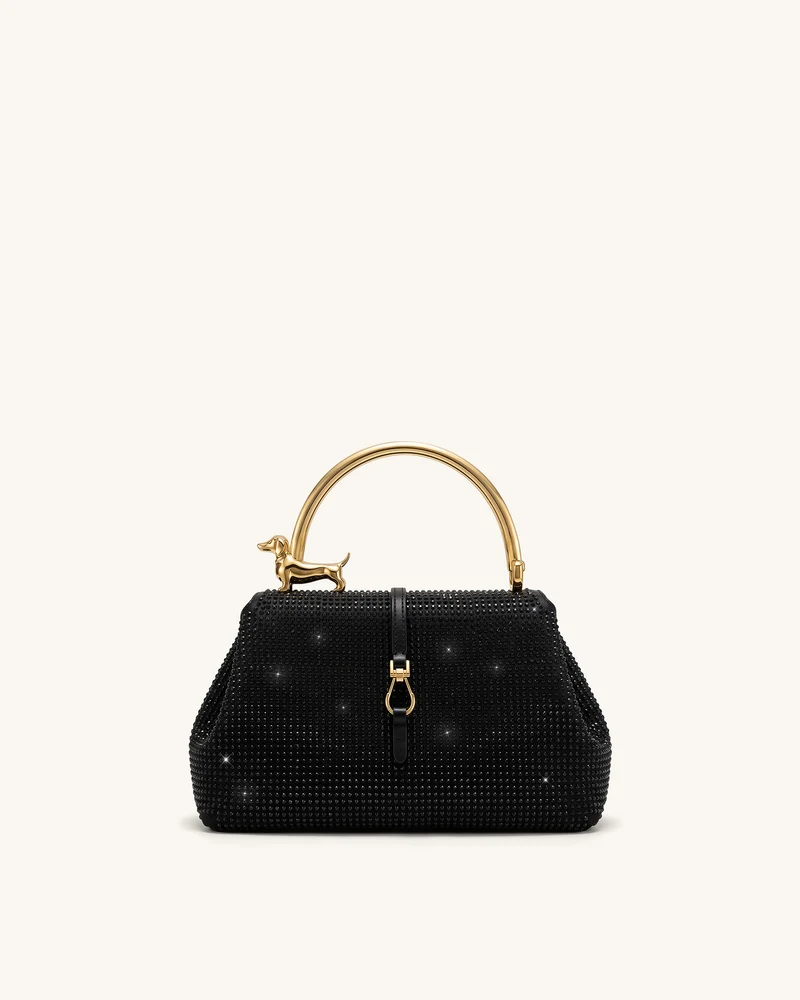 Bruna Henkeltasche mit Dackel-Metallgriff und Kunstkristallen - Schwarz