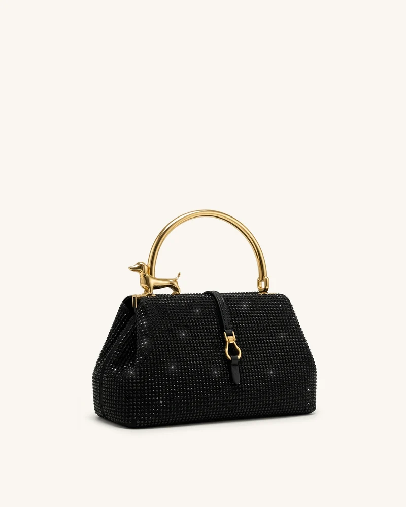 Bruna Henkeltasche mit Dackel-Metallgriff und Kunstkristallen - Schwarz