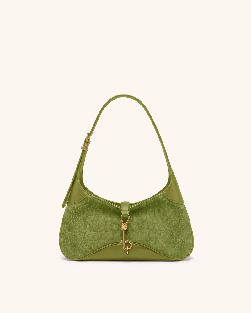 Juliette Ost-West-Umhängetasche aus Wildlederimitat mit Schlüsselanhänger - Grüner Kroko-Look