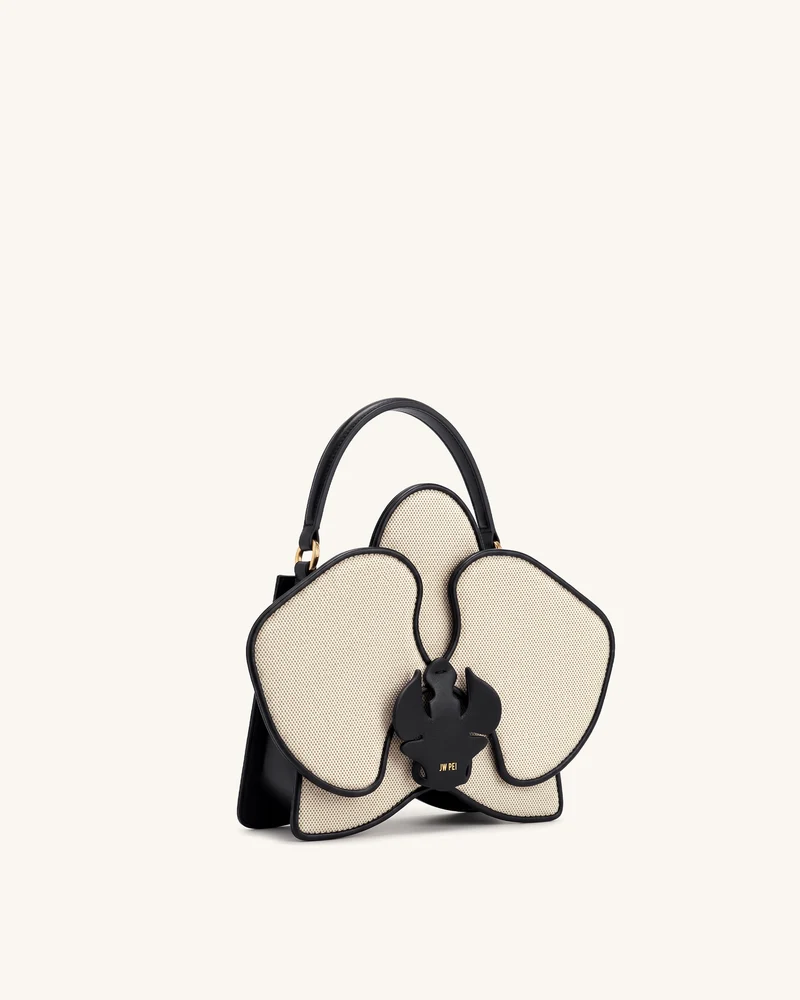 Flora Orchideenförmige Henkeltasche - Schwarz-Weißes Canvas