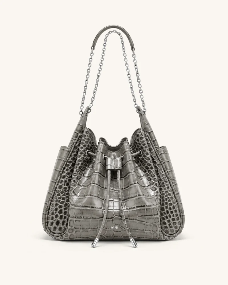 Rowan Raffierte Kordelzug-Ketten-Bucket-Bag - Grau Krokodilloptik